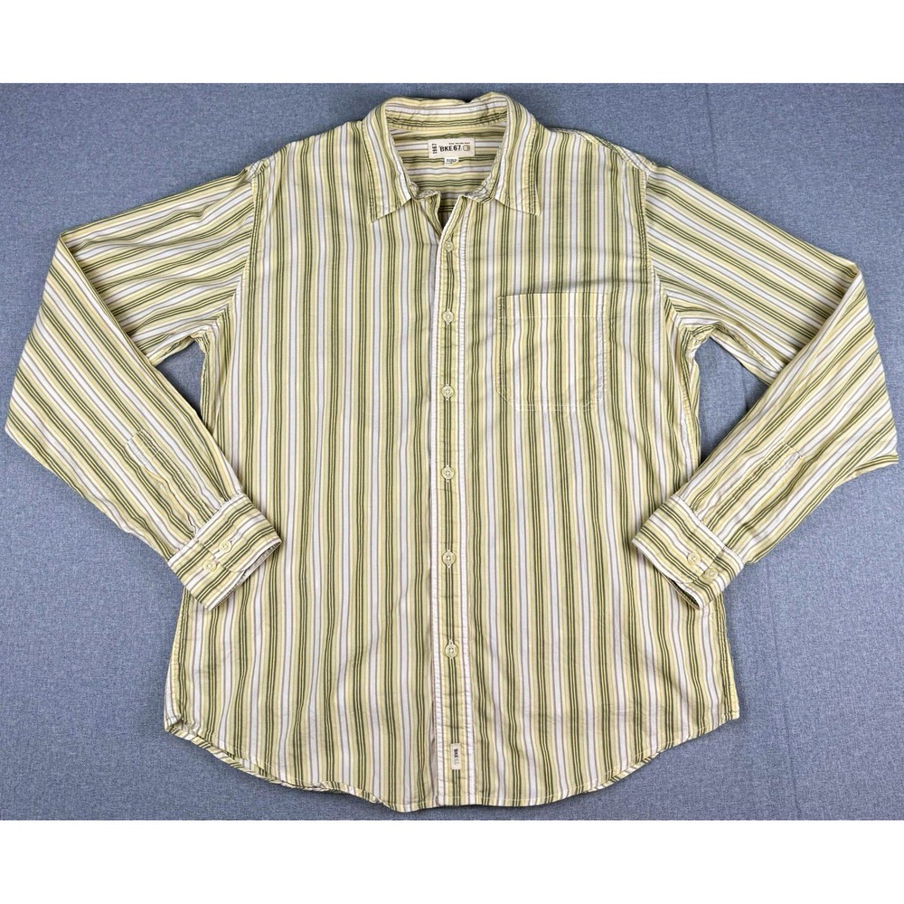 BKE67 Mens Large Button Down Shirt Olive Tan Striped Long Sleeve 100% Cotton